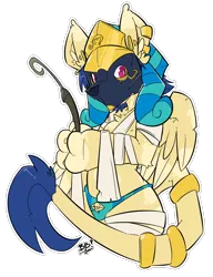 Size: 2442x3178 | Tagged: anubis, artist:bbsartboutique, bandage, blue underwear, clothes, derpibooru import, ear piercing, earring, egyptian, egyptian pony, embalming tools, eye of horus, flat color, gold, grey matter-removal tools, jackal, jackal mask, jewelry, leonine tail, mask, mummy, nemes headdress, oc, oc:shesta, panties, piercing, ring, safe, signature, simple background, sphinx, sphinx oc, striped underwear, transparent background, underwear