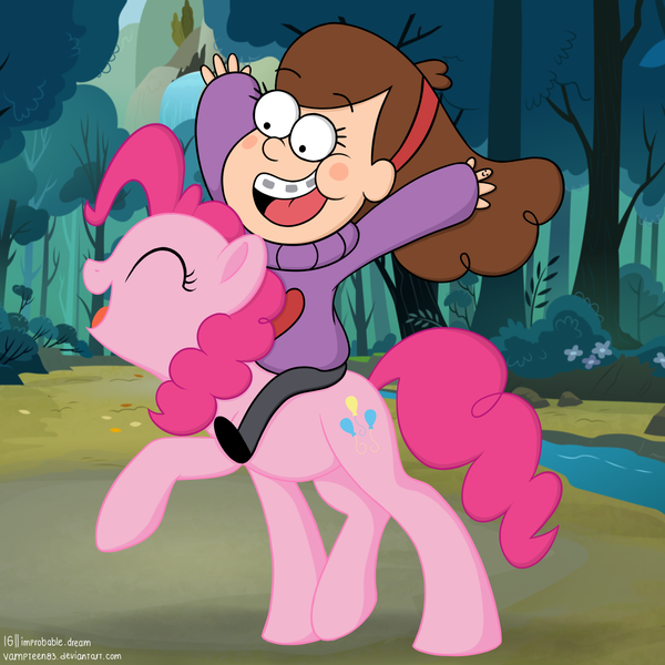 Size: 1500x1500 | Tagged: safe, artist:vampteen83, derpibooru import, pinkie pie, earth pony, pony, crossover, duo, eyes closed, female, forest, gravity falls, happy, humans riding ponies, mabel pines, mare, open mouth, raised hoof, riding, xk-class end-of-the-world scenario