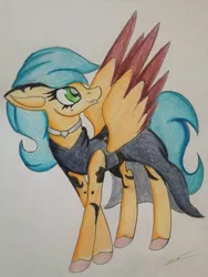 Size: 1024x1365 | Tagged: safe, artist:luxiwind, deleted from derpibooru, derpibooru import, oc, oc:joli paradise, pegasus, pony, clothes, dress, female, mare, solo, traditional art, two toned wings