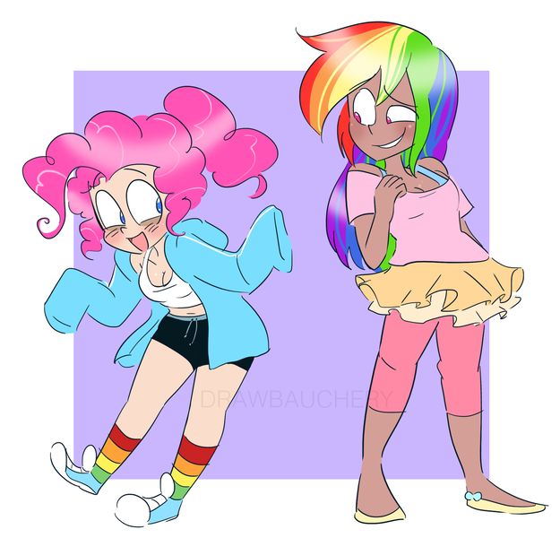 Size: 2167x2080 | Tagged: safe, artist:drawbauchery, derpibooru import, pinkie pie, rainbow dash, human, clothes, clothes swap, converse, female, humanized, lesbian, open mouth, pinkiedash, rainbow socks, shipping, shoes, smiling, socks, striped socks