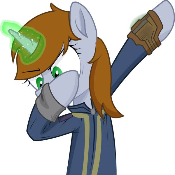 Size: 2421x2421 | Tagged: safe, artist:brisineo, artist:warking76, derpibooru import, edit, oc, oc:littlepip, pony, unicorn, fallout equestria, fanfic, clothes, dab, fallout, fallout 76, fanfic art, female, glowing horn, hooves, horn, magic, mare, meme, pipbuck, simple background, solo, transparent background, vault suit, vector