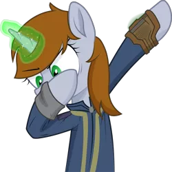 Size: 2421x2421 | Tagged: safe, artist:brisineo, artist:warking76, derpibooru import, edit, oc, oc:littlepip, pony, unicorn, fallout equestria, fanfic, clothes, dab, fallout, fallout 76, fanfic art, female, glowing horn, hooves, horn, magic, mare, meme, pipbuck, simple background, solo, transparent background, vault suit, vector