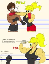 Size: 1620x2146 | Tagged: safe, artist:matchstickman, derpibooru import, applejack, oc, human, applejacked, biceps, boxing, boxing gloves, breasts, busty applejack, dialogue, duo, flexing, humanized, knock out, muscles, one eye closed, ponytail, punch, sports, victory, wingding eyes, wink