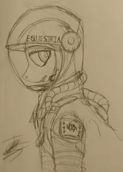 Size: 1456x2036 | Tagged: artist:drawingwithapitoffriendship, astronaut, cosmonaut, derpibooru import, female, flag, lost in space, safe, solo, spacesuit, traditional art