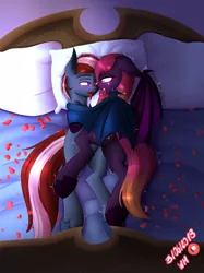 Size: 4134x5525 | Tagged: safe, artist:wolfmask, derpibooru import, oc, oc:shilo the bat, unofficial characters only, bat pony, absurd resolution, bat pony oc, bed, blushing, female, heart eyes, male, oc x oc, patreon, patreon logo, romantic, shipping, straight, trembling, wingding eyes