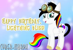 Size: 1892x1296 | Tagged: alicorn, alicorn oc, artist:cyber-murph, birthday gift art, colored hooves, cute, derpibooru import, digital art, goggles, happy birthday, leonine tail, oc, oc:lightning bliss, rainbow alicorn, rainbow hair, rainbow tail, safe, signature