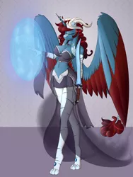 Size: 1500x2000 | Tagged: alicorn, alicorn oc, alternate version, anthro, arima verse, artist:silverfox057, combat wear, crown, dead source, derpibooru import, digitigrade anthro, formal wear, goddess, jewelry, magic, oc, princess luna, queen luna, regalia, safe, smoke clothing, sword, weapon