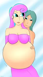 Size: 1183x2086 | Tagged: suggestive, artist:lewdedew, derpibooru import, princess flurry heart, oc, oc:shimmering glow, human, adult, belly, breasts, canon x oc, couple, female, flurryglow, from behind, humanized, husband and wife, impossibly large belly, male, multiple pregnancy, offspring, offspring shipping, older, parent:king sombra, parent:radiant hope, parents:hopebra, pregnant, shipping, straight