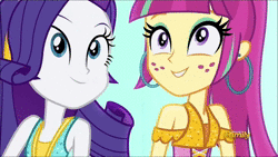 Size: 1920x1080 | Tagged: safe, derpibooru import, edit, editor:someguy845, screencap, rarity, sour sweet, dance magic, equestria girls, spoiler:eqg specials, animated, cute, dancing, discovery family logo, duet, duo, ear piercing, earring, female, freckles, hooped earrings, invisible stallion, jewelry, music, piercing, raribetes, singing, sound, sourbetes, webm