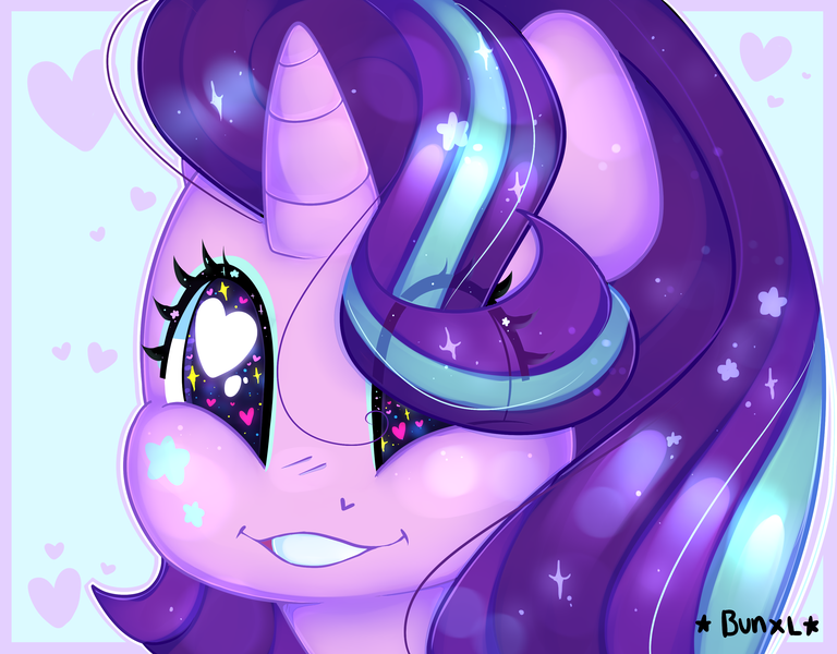 Size: 3200x2500 | Tagged: safe, artist:bunxl, derpibooru import, starlight glimmer, pony, unicorn, equestria girls, mirror magic, spoiler:eqg specials, bust, cute, eager, eye clipping through hair, female, glimmerbetes, glimmie, grin, hair over one eye, heart, heart eyes, looking at you, mare, owo, scene interpretation, smiling, solo, starry eyes, wingding eyes