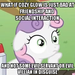 Size: 500x500 | Tagged: cozy glow, cropped, derpibooru import, edit, edited screencap, exploitable meme, fan theory, female, filly, hilarious in hindsight, image macro, marks for effort, meme, obligatory pony, op is wrong, ponyville confidential, safe, screencap, sudden clarity sweetie belle, sweetie belle, wrong