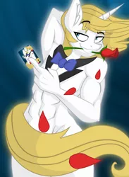 Size: 822x1122 | Tagged: suggestive, artist:lil miss jay, derpibooru import, prince blueblood, anthro, unicorn, full service playing cards, abs, arm behind head, armpits, bare chest, belly button, bowtie, card, clothes, covering, droste effect, flower, flower in mouth, male, mouth hold, muscles, partial nudity, raised eyebrow, recursion, rose, rose in mouth, solo, solo male, strategically covered, topless, vulgar description