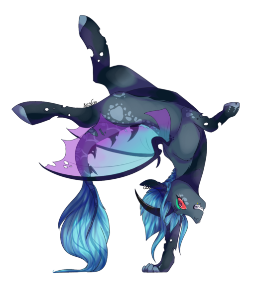 Size: 1024x1210 | Tagged: acrobatics, artist:akiiichaos, blue changeling, changeling, derpibooru import, female, oc, oc:audrey, safe, simple background, solo, transparent background