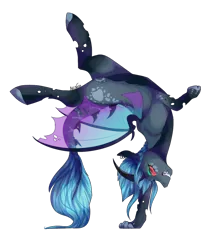 Size: 1024x1210 | Tagged: acrobatics, artist:akiiichaos, blue changeling, changeling, derpibooru import, female, oc, oc:audrey, safe, simple background, solo, transparent background