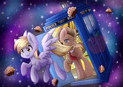 Size: 1024x724 | Tagged: safe, artist:nana-yuka, derpibooru import, derpy hooves, doctor whooves, time turner, earth pony, pegasus, pony, doctor who, female, food, mare, muffin, space, tardis