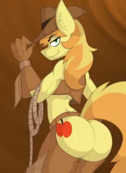 Size: 822x1122 | Tagged: suggestive, artist:lil miss jay, derpibooru import, braeburn, anthro, full service playing cards, ass, bedroom eyes, braebutt, cowboy hat, cutie mark, femboy, hat, hat tip, lasso, looking at you, male, plot, rope, sillhouette, smiling, smirk, solo, solo male