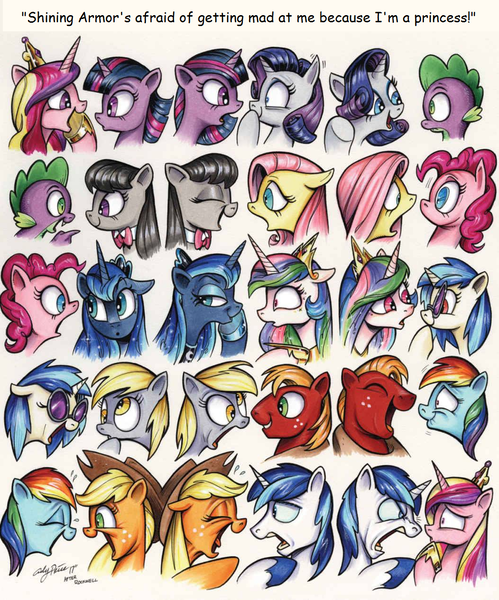 Size: 1052x1266 | Tagged: safe, artist:andypriceart, derpibooru import, edit, applejack, big macintosh, derpy hooves, fluttershy, octavia melody, pinkie pie, princess cadance, princess celestia, princess luna, rainbow dash, rarity, shining armor, spike, twilight sparkle, vinyl scratch, pony, angry, female, laughing, male, mane six, mare, norman rockwell, parody, rumor, shocked, stallion, telephone game, this will end in divorce, this will end in sleeping on the couch