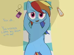 Size: 2000x1500 | Tagged: safe, artist:php99, derpibooru import, rainbow dash, pegasus, pony, beach, chest fluff, dialogue, female, folded wings, looking at you, mp3 player, on back, solo