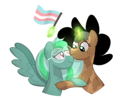 Size: 1024x835 | Tagged: safe, artist:ashidaii, derpibooru import, oc, unofficial characters only, pegasus, pony, unicorn, female, glasses, glowing horn, lesbian, magic, mare, oc x oc, pride, pride flag, shipping, simple background, telekinesis, trans girl, transgender, transgender pride flag, transparent background