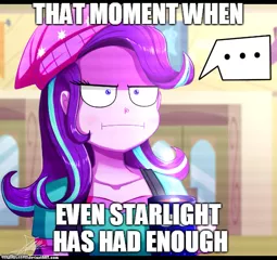 Size: 531x500 | Tagged: safe, artist:the-butch-x, derpibooru import, edit, starlight glimmer, equestria girls, marks for effort, ..., beanie, caption, empathy cocoa, female, hat, i mean i see, image macro, meme, solo, starlight is not amused, unamused