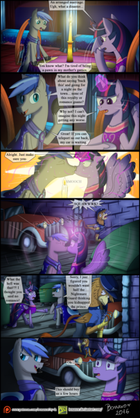 Size: 1600x4743 | Tagged: safe, artist:bonaxor, derpibooru import, twilight sparkle, twilight sparkle (alicorn), oc, oc:prince rigel, alicorn, bat pony, gryphon, pony, comic:journey to the lunar republic, bat pony oc, candle, car, clothes, comic, dress, gun, handgun, kissing, magic, male, patreon, patreon logo, pistol, stallion, teleportation