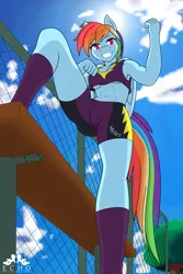 Size: 2400x3600 | Tagged: alternate version, anthro, armpits, artist:ponyecho, bench, breasts, clothes, derpibooru import, female, fence, high res, looking at you, low angle, perspective, rainbow dash, shadowbolt dash, shadowbolts, smiling, solo, solo female, sports, sports bra, sports shorts, suggestive, tree, underboob, uniform