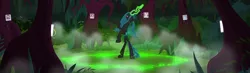 Size: 1367x398 | Tagged: changeling, changeling queen, cropped, derpibooru import, everfree forest, female, glowing horn, magic, magic circle, queen chrysalis, rearing, runes, safe, screencap, solo, the mean 6