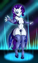 Size: 1280x2095 | Tagged: suggestive, artist:suirano, derpibooru import, rarity, anthro, unguligrade anthro, unicorn, breasts, clothes, female, fingerless gloves, gloves, looking at you, maebari, mare, pasties, smiling, solo, solo female, stars, stockings, thigh highs