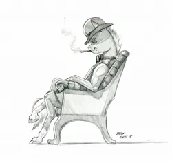 Size: 1100x1042 | Tagged: anthro, artist:baron engel, bench, cigarette, clothes, derpibooru import, grayscale, hat, monochrome, oc, oc:heartbreaker, pencil drawing, safe, simple background, sitting, smoking, solo, story in the source, traditional art, unguligrade anthro, white background