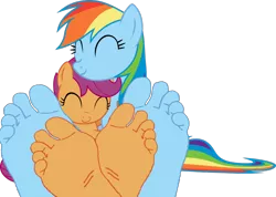 Size: 900x639 | Tagged: artist:anthonygoody, derpibooru import, feet, fetish, foot fetish, footsie, rainbow dash, scootaloo, simple background, suggestive, transparent background