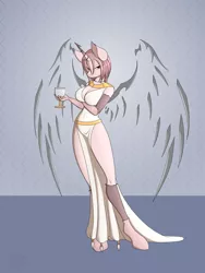 Size: 1500x2000 | Tagged: alicorn, anthro, arima verse, artist:silverfox057, bladed wings, derpibooru import, goblet, goddess, goddess of betrayal, goddess robes, oc, oc:perify, safe, villian