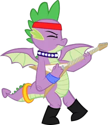 Size: 2791x3246 | Tagged: artist:red4567, boots, collar, derpibooru import, dragon, electric guitar, eyes closed, guitar, guitarity, headband, male, older, older spike, rocker, safe, shoes, simple background, solo, spike, tail ring, teenaged dragon, teenager, teenage spike, transparent background, vector, winged spike