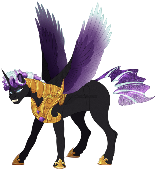 Size: 1181x1275 | Tagged: safe, artist:bijutsuyoukai, derpibooru import, oc, alicorn, pony, armor, colored wings, male, multicolored wings, offspring, parent:nightmare rarity, parent:thunderlane, simple background, solo, transparent background