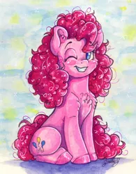 Size: 1388x1778 | Tagged: safe, artist:gaelledragons, derpibooru import, pinkie pie, earth pony, pony, abstract background, chest fluff, cute, diapinkes, female, grin, mare, one eye closed, sitting, smiling, solo, traditional art, watercolor painting