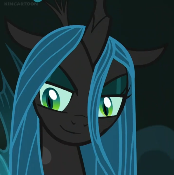 Size: 938x944 | Tagged: beautiful, changeling, changeling queen, cropped, derpibooru import, edit, edited screencap, editor:queenchrysalis2017, everfree forest, female, forest, former queen chrysalis, looking down, queen chrysalis, safe, screencap, smiling, solo, the mean 6