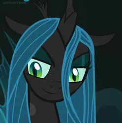 Size: 938x944 | Tagged: beautiful, changeling, changeling queen, cropped, derpibooru import, edit, edited screencap, editor:queenchrysalis2017, everfree forest, female, forest, former queen chrysalis, looking down, queen chrysalis, safe, screencap, smiling, solo, the mean 6