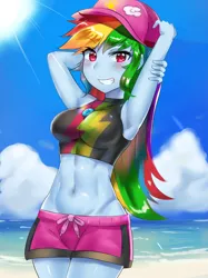 Size: 800x1067 | Tagged: safe, artist:tzc, derpibooru import, edit, editor:the dreaded, rainbow dash, equestria girls, equestria girls series, forgotten friendship, abs, adorasexy, arm behind head, armpits, beach, belly button, board shorts, breasts, busty rainbow dash, cap, clothes, crepuscular rays, cute, dashabetes, female, hat, lidded eyes, looking at you, midriff, ocean, sand, sexy, shorts, smiling, solo, swimsuit