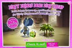 Size: 795x528 | Tagged: ac/dc, advertisement, alliteration, anthro, derpibooru import, dirty deeds done dirt cheap, frilled lizard, gameloft, klugetown, klugetowner, louise, my little pony: the movie, official, palm tree, safe, solo, song reference, tree