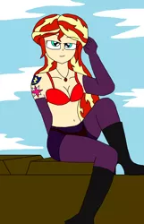 Size: 1488x2312 | Tagged: suggestive, artist:brandon-vortex, derpibooru import, sunset shimmer, equestria girls, bra, breasts, clothes, cutie mark, cutie mark on human, cutie mark tattoo, implied bisexual, implied flashimmer, implied lesbian, implied shipping, implied straight, implied sunsetsparkle, lingerie, looking at you, pantyhose, sitting, smiling, thigh highs, underwear