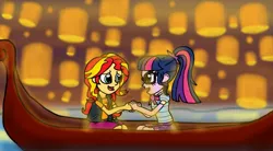 Size: 2560x1408 | Tagged: safe, artist:digikate813, derpibooru import, sci-twi, sunset shimmer, twilight sparkle, equestria girls, equestria girls series, birthday gift, boat, female, gift art, holding hands, i see the light, lantern, lesbian, looking at each other, paper lantern, scitwishimmer, shipping, sunsetsparkle, tangled (disney)