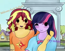 Size: 757x600 | Tagged: safe, artist:marcyeveret, derpibooru import, sunset shimmer, twilight sparkle, equestria girls, equestria girls series, alternate costumes, blush sticker, blushing, bowtie, cute, cutie mark on clothes, female, lesbian, one eye closed, shimmerbetes, shipping, side hug, smiling, sunsetsparkle, twiabetes