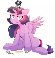 Size: 2848x3000 | Tagged: safe, artist:fensu-san, derpibooru import, twilight sparkle, twilight sparkle (alicorn), alicorn, pony, :t, annoyed, female, human shoulders, mare, paper, pencil, simple background, sitting, solo, twilight is not amused, unamused, white background