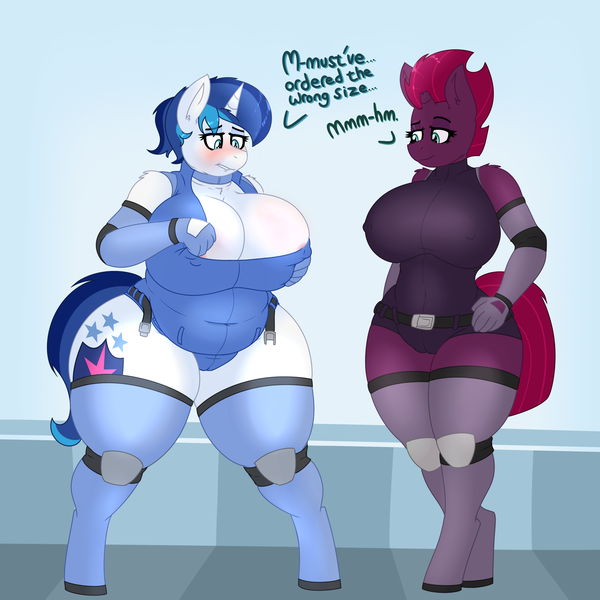 Size: 3000x3000 | Tagged: questionable, artist:coatieyay, derpibooru import, shining armor, tempest shadow, anthro, unguligrade anthro, unicorn, areola, areola slip, bbw, belt, big breasts, blushing, breasts, broken horn, busty gleaming shield, busty tempest shadow, cameltoe, chubby, clothes, collar, dialogue, duo, duo female, erect nipples, extra thicc, eye scar, fat, female, gleaming shield, gloves, huge breasts, long gloves, nipple outline, ponytail, rule 63, scar, stockings, thigh highs, thunder thighs, tight clothing, wardrobe malfunction, weight gain, wide hips