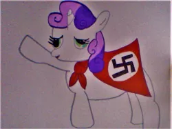 Size: 915x684 | Tagged: safe, artist:catkaiser, derpibooru import, sweetie belle, unicorn, antisemitism, derp, female, filly, mouthpiece, nazi, nazibelle, out of character, racism, simple background, solo, stylistic suck, swastika, white background, wtf