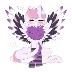 Size: 2000x2000 | Tagged: safe, artist:adostume, derpibooru import, oc, unofficial characters only, pegasus, pony, blushing, chest fluff, clothes, grin, happy, heart, smiling, socks, solo, striped socks