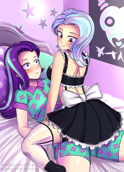 Size: 688x950 | Tagged: suggestive, artist:draltruist, derpibooru import, starlight glimmer, trixie, human, blushing, breasts, clothes, female, humanized, lesbian, lingerie, looking back, maid, shipping, startrix