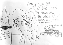 Size: 1860x1351 | Tagged: safe, artist:tjpones, derpibooru import, oc, oc:brownie bun, oc:richard, earth pony, human, pony, horse wife, dialogue, duo, female, fire, grayscale, human male, husband and wife, imminent explosion, lineart, male, mare, monochrome, stove, this ended in fire, traditional art
