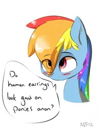 Size: 1224x1569 | Tagged: safe, artist:a8f12, derpibooru import, rainbow dash, pony, blushing, bust, cute, dashabetes, dialogue, ear piercing, earring, eye clipping through hair, female, implied anon, jewelry, mare, offscreen character, piercing, portrait, speech bubble