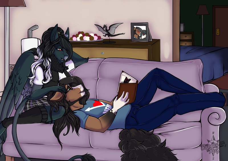 Size: 3035x2150 | Tagged: safe, artist:theecchiqueen, deleted from derpibooru, derpibooru import, oc, oc:pandie, oc:walter nutt, anthro, earth pony, pegasus, anthro oc, book, clothes, couch, death by coffee, female, male, neck fluff, oc x oc, shipping, smiling, straight