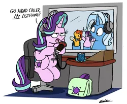 Size: 1962x1607 | Tagged: safe, artist:bobthedalek, derpibooru import, starlight glimmer, sunburst, trixie, pony, unicorn, chair, chocolate, duo, duo female, female, food, fraiser crane, frasier, glowing horn, hand puppet, headphones, hot chocolate, implied starburst, inconvenient trixie, mare, microphone, mug, saddle bag, shipper on deck, simple background, sock puppet, starlight is not amused, the great and powerful shipper, unamused, white background